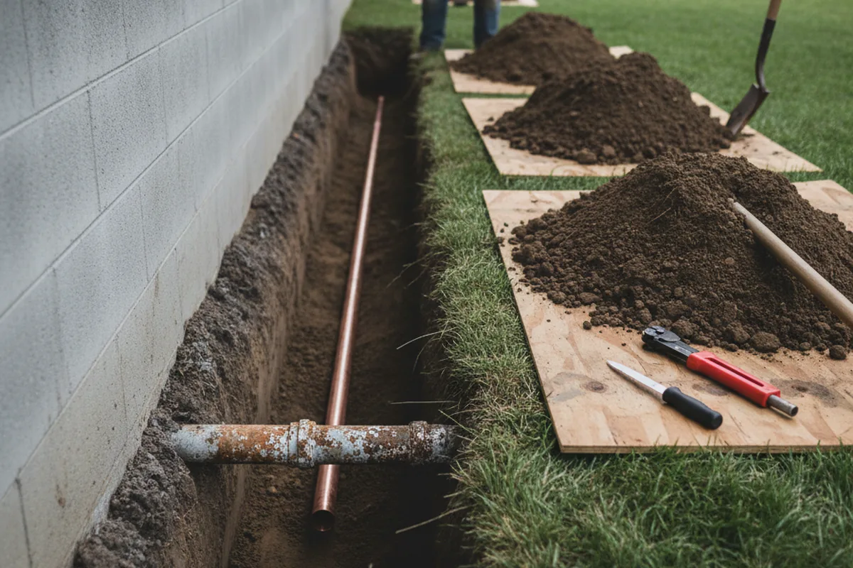 Excavated water line trench during Sewer Line Repair in Olivehurst